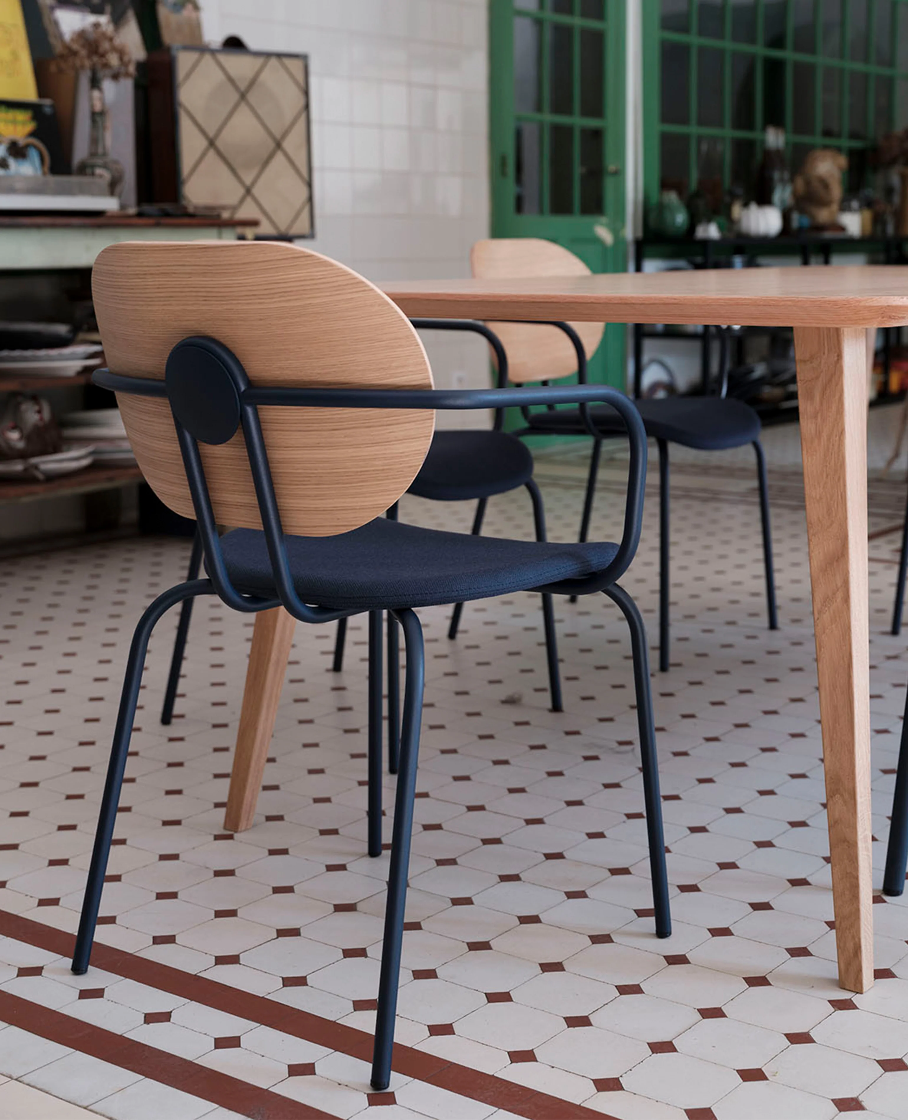 Hari Chair, Wood Back, Upholstered Seat - with Arms - Image 2